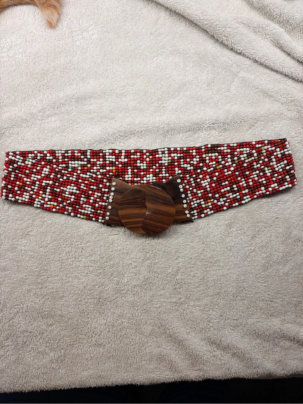 Beaded Red Multi-Color Wide Waist Belt with Wooden Buckle